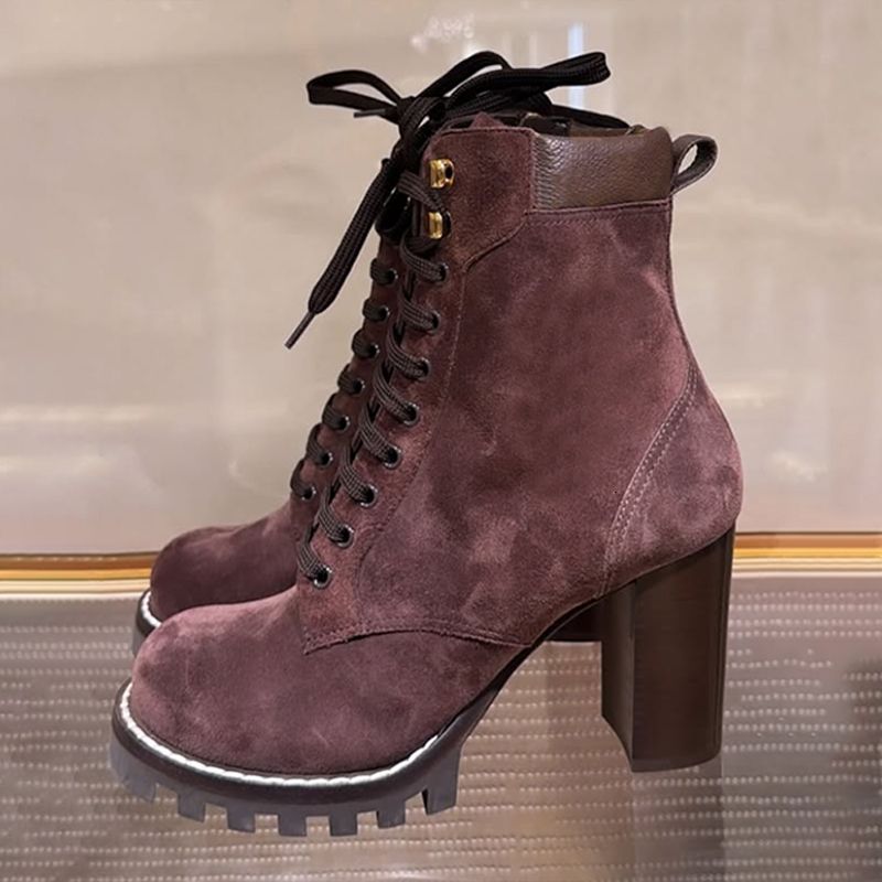 Star Trail Ankle Boots New Women Designer brown Suede Calf Leather High Heel Lug Sole Lace Up Combat Booties Winter Warm Shoes Large Size EU42 1178 - 4 of 8