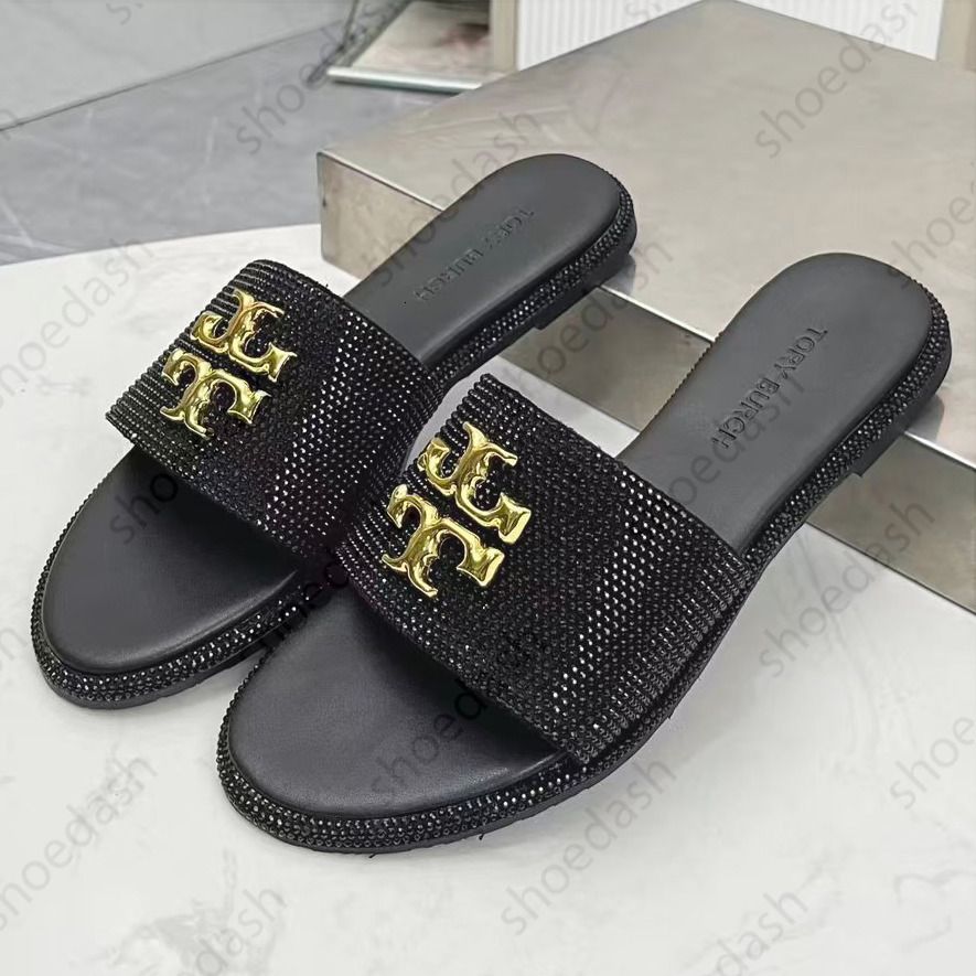 Designer Shoes Eleanor Metal Logo Decor Slide Slippers Women Rhinestone Flat Open Toe Slip On Sandals Summer Beach Casual Outdoor Daily Shoes - 2 of 8