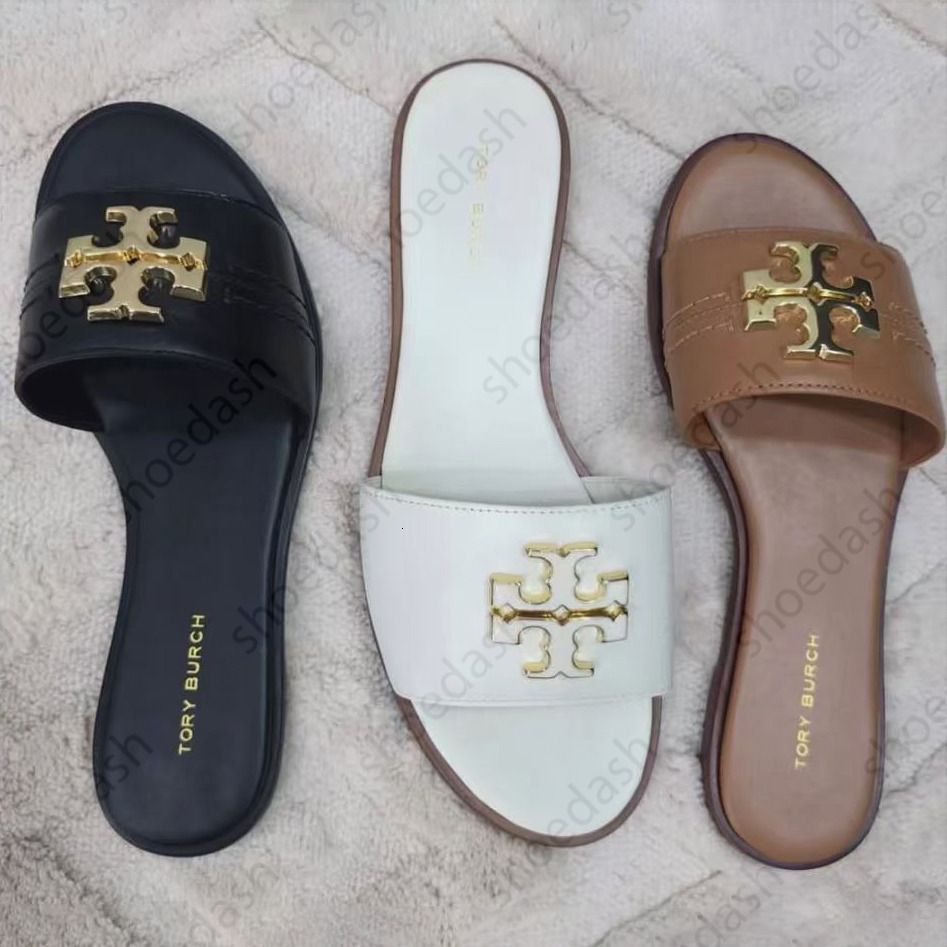 Designer Shoes Eleanor Metal Logo Decor Slide Slippers Women Rhinestone Flat Open Toe Slip On Sandals Summer Beach Casual Outdoor Daily Shoes - 1 of 8