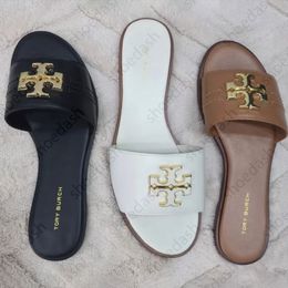 Designer Shoes Eleanor Metal Logo Decor Slide Slippers Women Rhinestone Flat Open Toe Slip On Sandals Summer Beach Casual Outdoor Daily Shoes - chnbuybuy