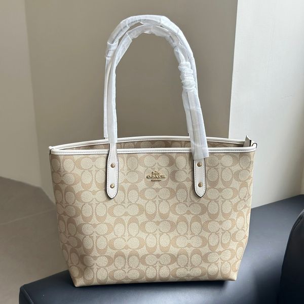 Women's Beige Classic Signature Tote Bag Top Handle Large Capacity White Trim Gold Hardware Zipper Closure Casual Handbag For Work Commute Shopping Travel - Bags, Luggage & Accessories - chnbuybuy