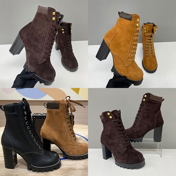 2026 Luxury Star Trail Ankle Boots Premium Women's Suede Calf Leather High-Heel Boot Camel Brown Chunky Block Heels Trendy Winter Footwear 1178 - Shoes & Accessories - chnbuybuy