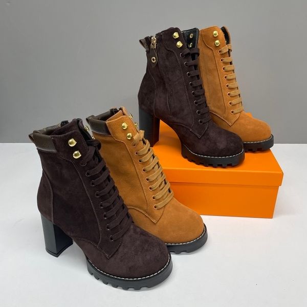 Star Trail Ankle Boots New Women Designer brown Suede Calf Leather High Heel Lug Sole Lace Up Combat Booties Winter Warm Shoes Large Size EU42 1178 - Shoes & Accessories - chnbuybuy