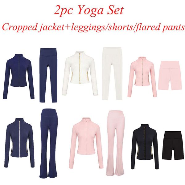 2Pc Gym Set Cropped Jacket Gym Clothe Woman Crop Jacket Women Leggings Run Short Workout Outfits Fitness Leggings for Woman Designer - Sports & Outdoors - chnbuybuy