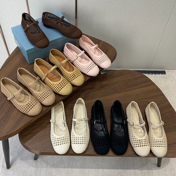 2026 Designer Crochet Knit Hollow Out Ballerina Flats Women Woven Mesh Mary Jane Shoes Triangle Breathable Adjustable Ankle Strap Casual Flat Pumps 1138 - Shoes & Accessories - chnbuybuy