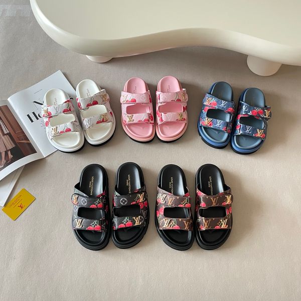 LV x TM Pool Pillow Flat Mule Cherry Print Platform Slide Sandals Women Adjustable Double Strap Metal Thick Sole Casual Outdoor Beach Couple Slippers Multiple colors - Shoes & Accessories - chnbuybuy